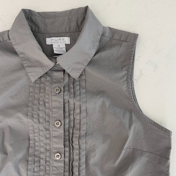 Pure Alfred Sung Sleeveless Button Down Pleat Detailed Cotton Blouse Grey Sz S - Picture 3 of 10